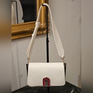 Furla White and Black Shoulder Bag with Red Accent